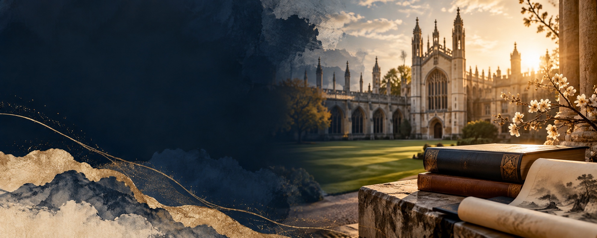 Illustration of a Cambridge college and scholarly books for the Lux Mundi PhD scholarships