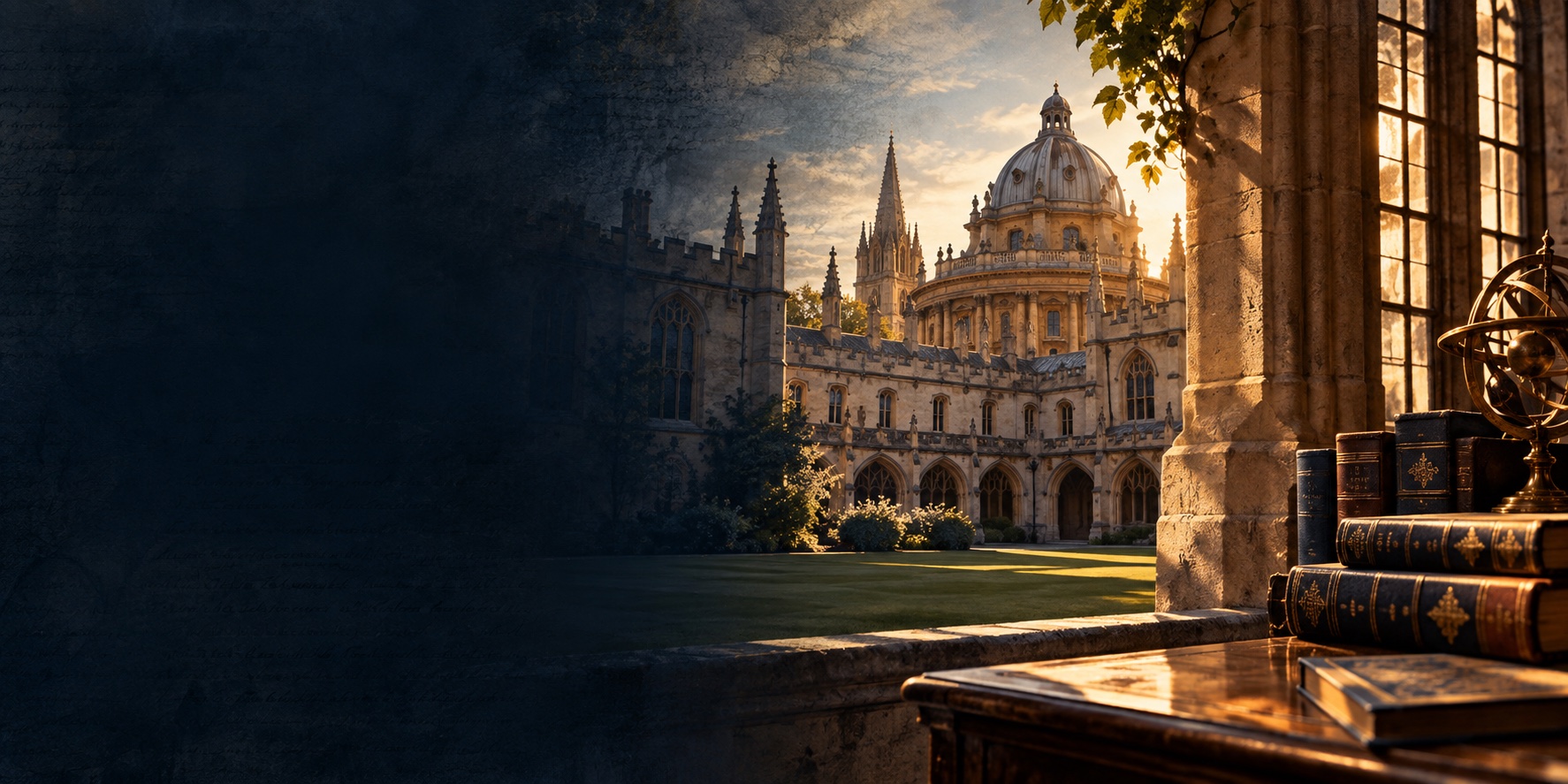 Illustration of an Oxford college and scholarly books